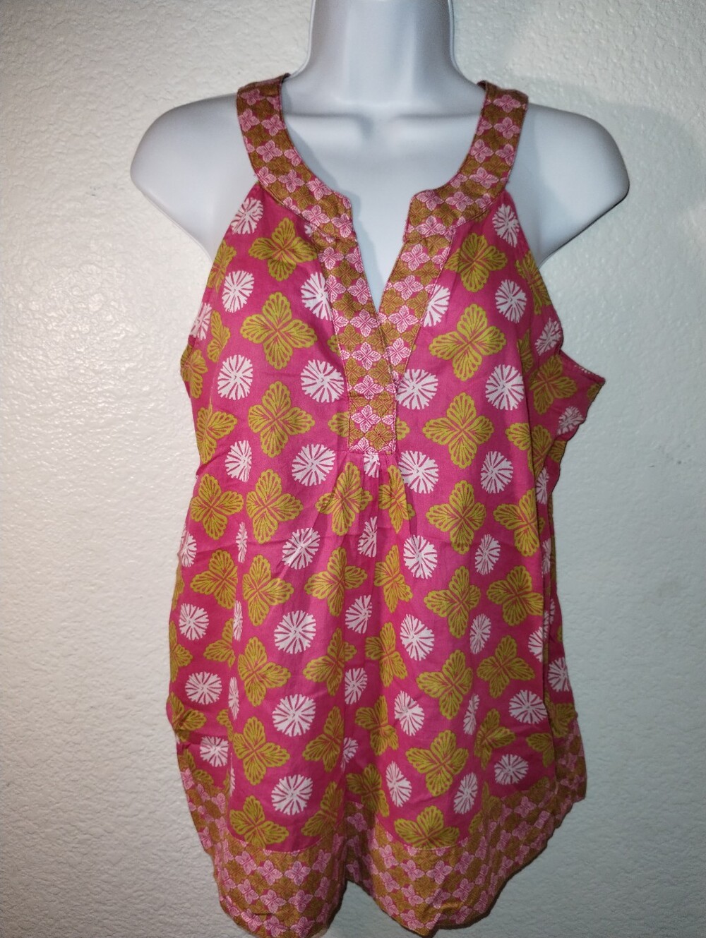 Sigrid Olsen S/L Top Pink Gold White Bohemian Chic Print Size Medium
